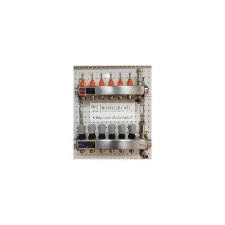 Áramlásmérős osztó-gyűjtő INOX 5 körös, beépített végelemmel, hőm. Kijelzővel 1”x3/4”