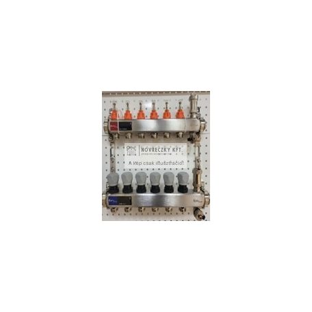 Áramlásmérős osztó-gyűjtő INOX 6 körös, beépített végelemmel, hőm. Kijelzővel 1”x3/4”