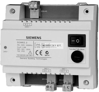 Siemens SEM62.2 transzformátor 24VAC,C-sínre szerelhető,IP20,beépített hálózati kapcsolóval és biztosítékkal